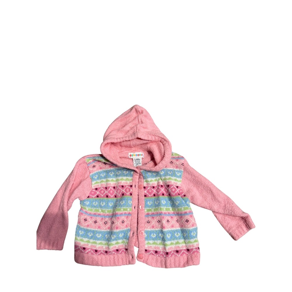 Vintage Rainbow Gymboree Girls Pink Fair Isle Hooded Button Up Cardigan XS